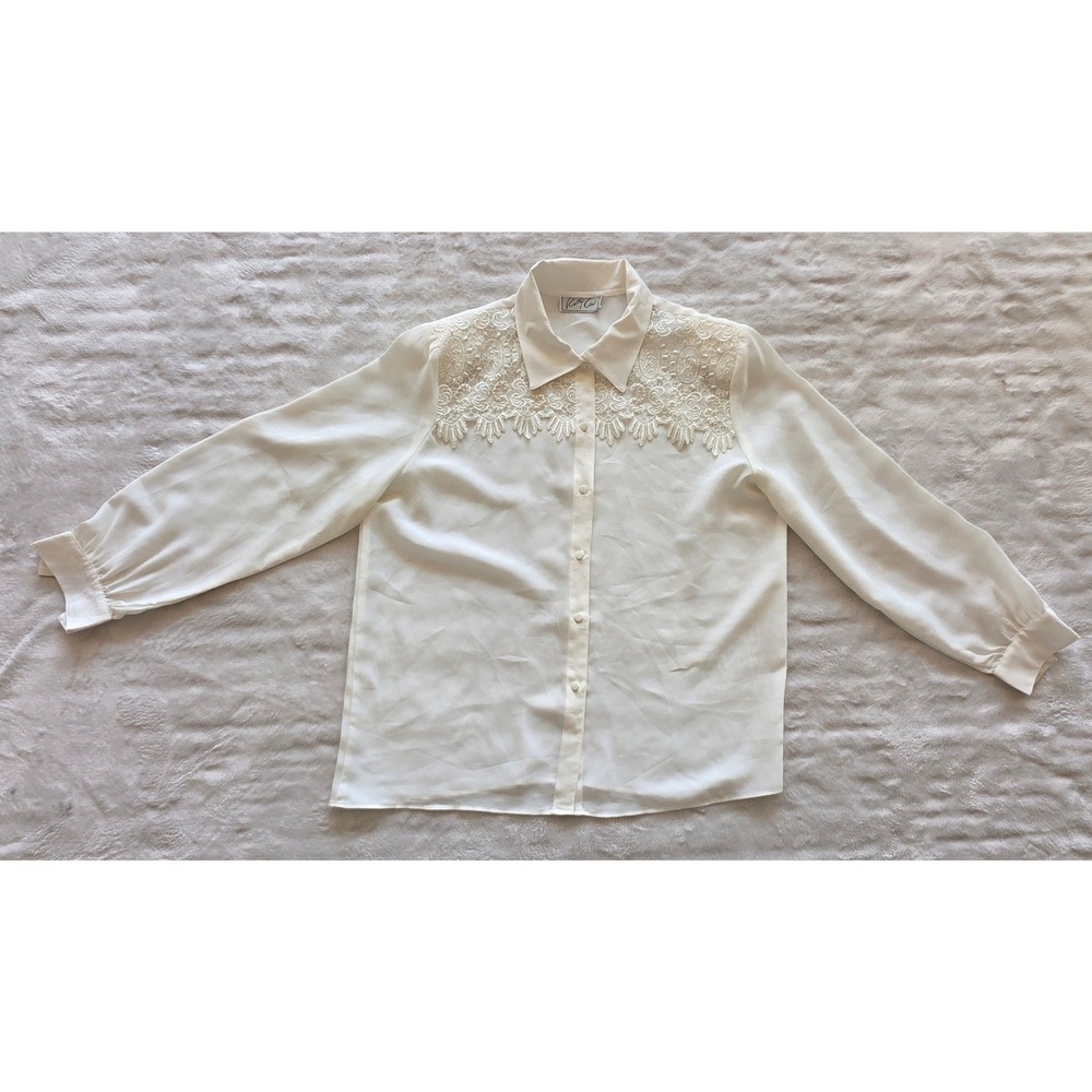 Cathy Che Ivory Lace Embellished Button Up Blouse Long Sleeve Sheer‎